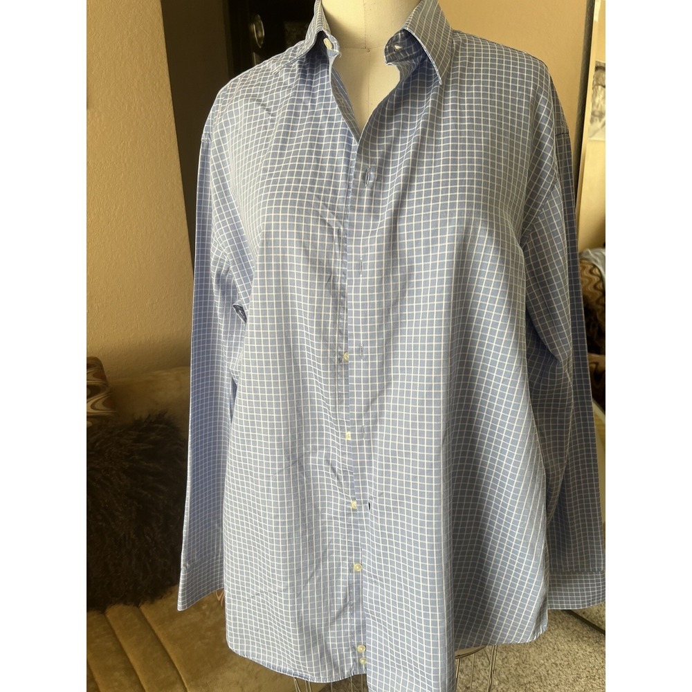 Armani Collezioni Dress Shirt Mens Sz  44 17. 5 L  Designer Button Up Blue Plaid